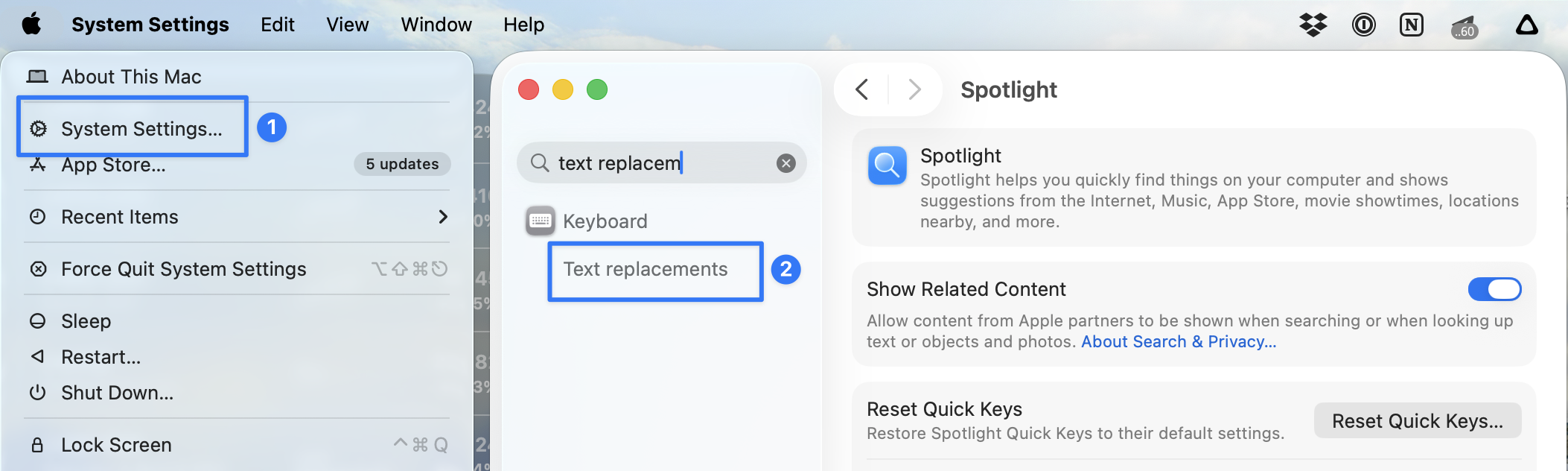 System Settings showing Text Replacements on a Mac.
